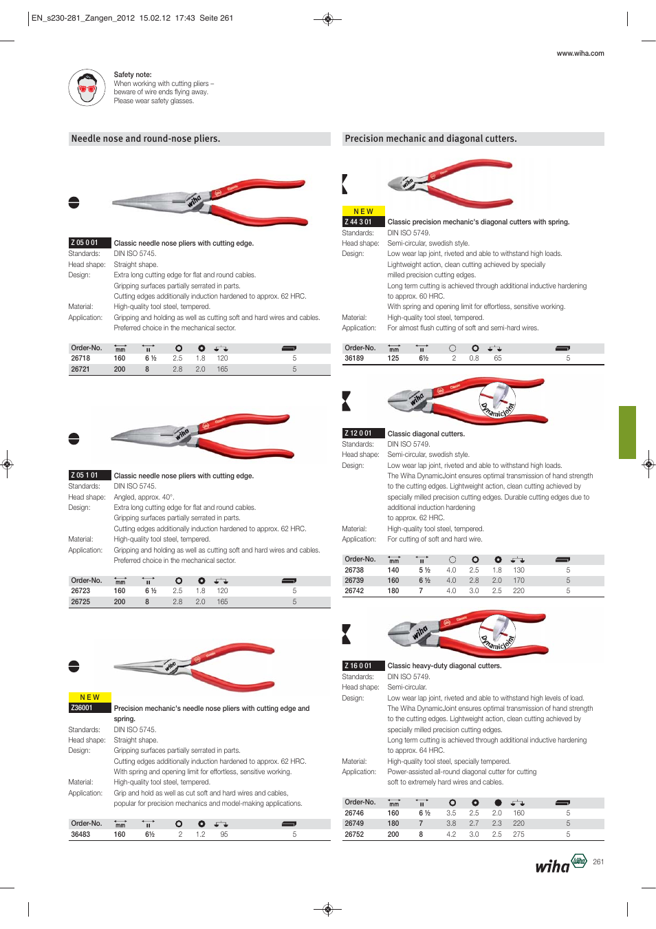 Needle nose and round-nose pliers, Precision mechanic and diagonal cutters | Wiha Tools Pliers User Manual | Page 32 / 52