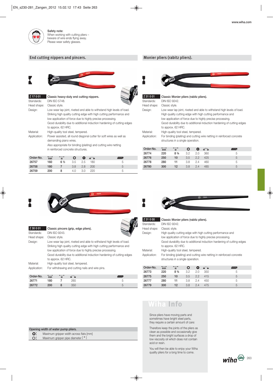 Wiha info, End cutting nippers and pincers, Monier pliers (rabitz pliers) | Wiha Tools Pliers User Manual | Page 34 / 52