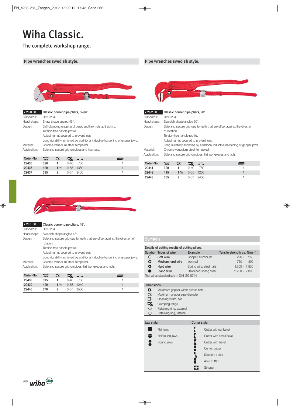 Wiha classic, The complete workshop range, Pipe wrenches swedish style | Symbols | Wiha Tools Pliers User Manual | Page 37 / 52