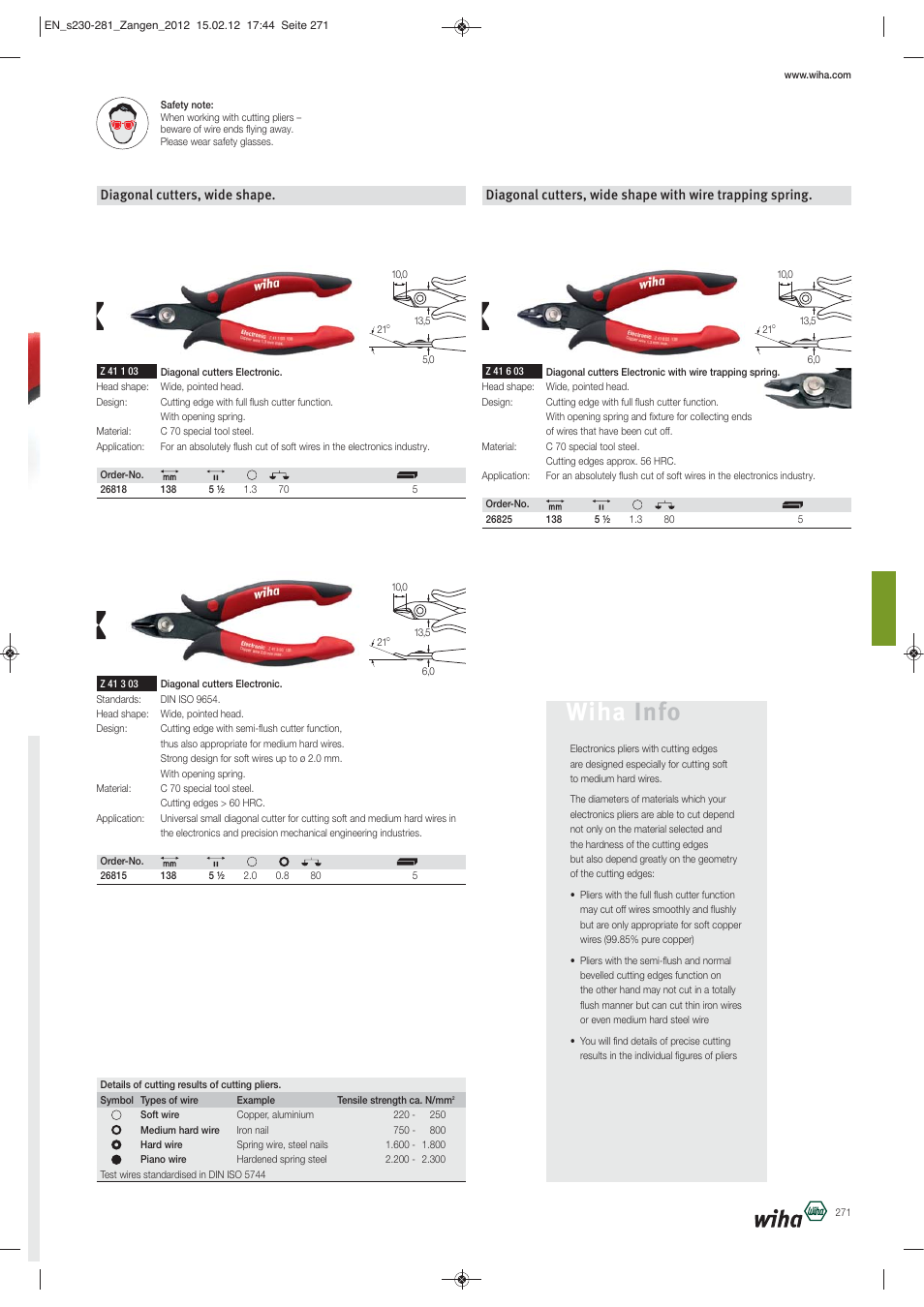 Wiha info, Diagonal cutters, wide shape | Wiha Tools Pliers User Manual | Page 42 / 52