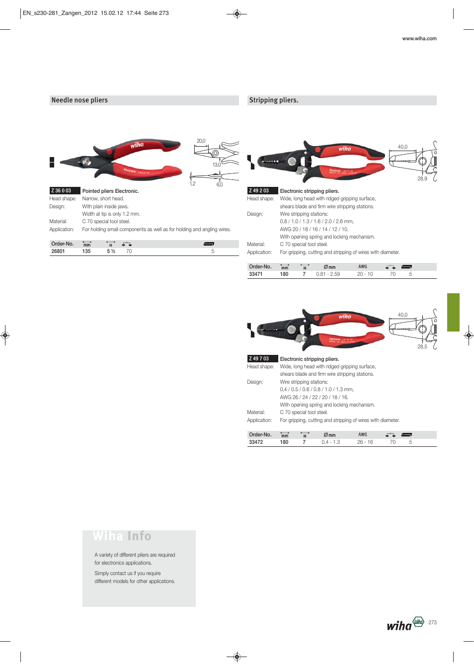 Wiha info, Needle nose pliers, Stripping pliers | Wiha Tools Pliers User Manual | Page 44 / 52