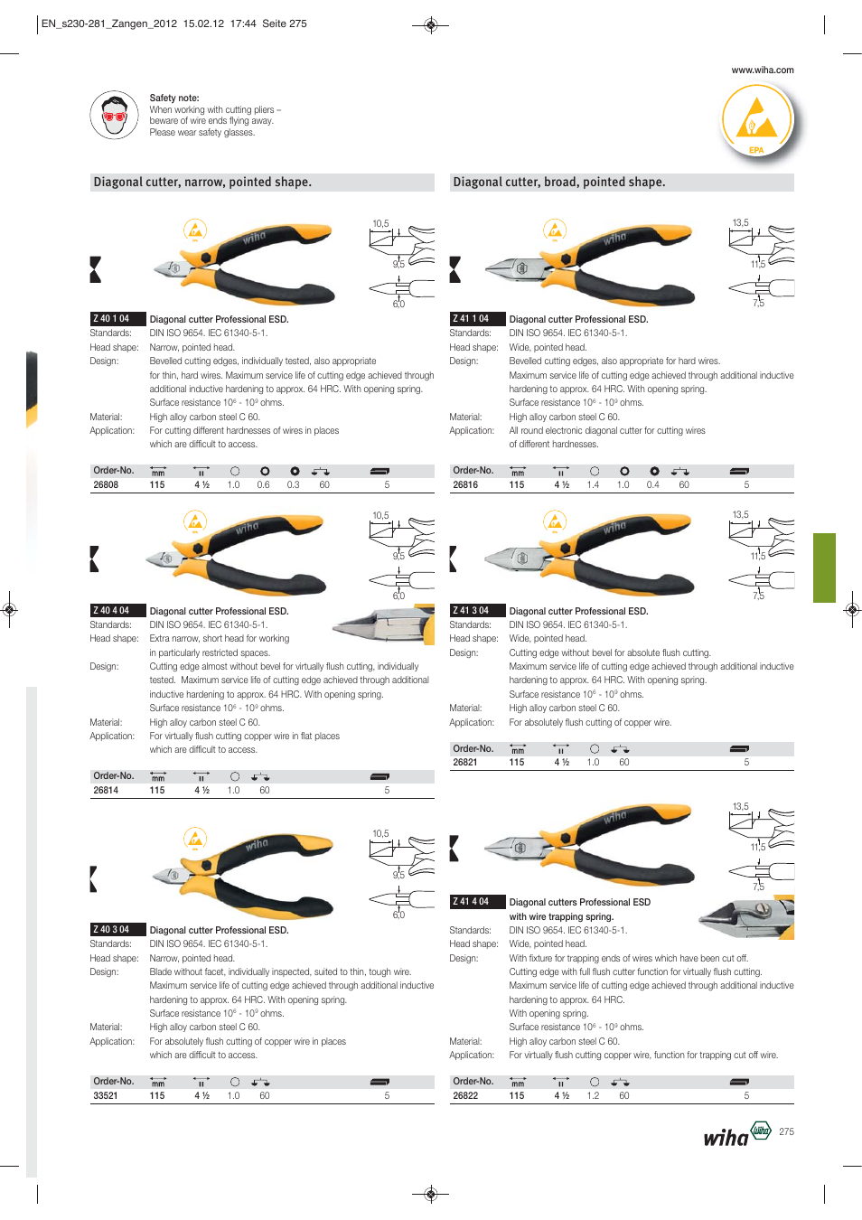 Diagonal cutter, broad, pointed shape, Diagonal cutter, narrow, pointed shape | Wiha Tools Pliers User Manual | Page 46 / 52