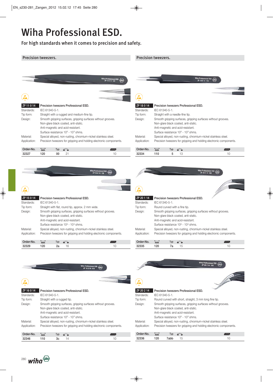 Wiha professional esd, Precision tweezers | Wiha Tools Pliers User Manual | Page 51 / 52