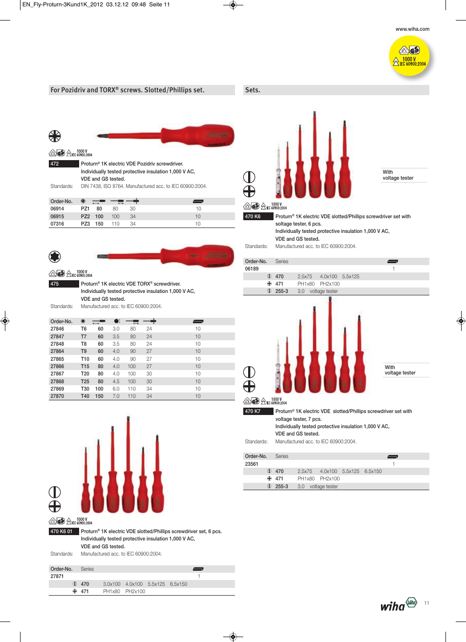 For pozidriv and torx, Screws. slotted/phillips set, Sets | Wiha Tools Proturn brochure User Manual | Page 11 / 12