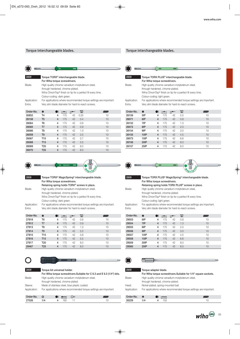 Torque interchangeable blades | Wiha Tools Torque tools User Manual | Page 12 / 22