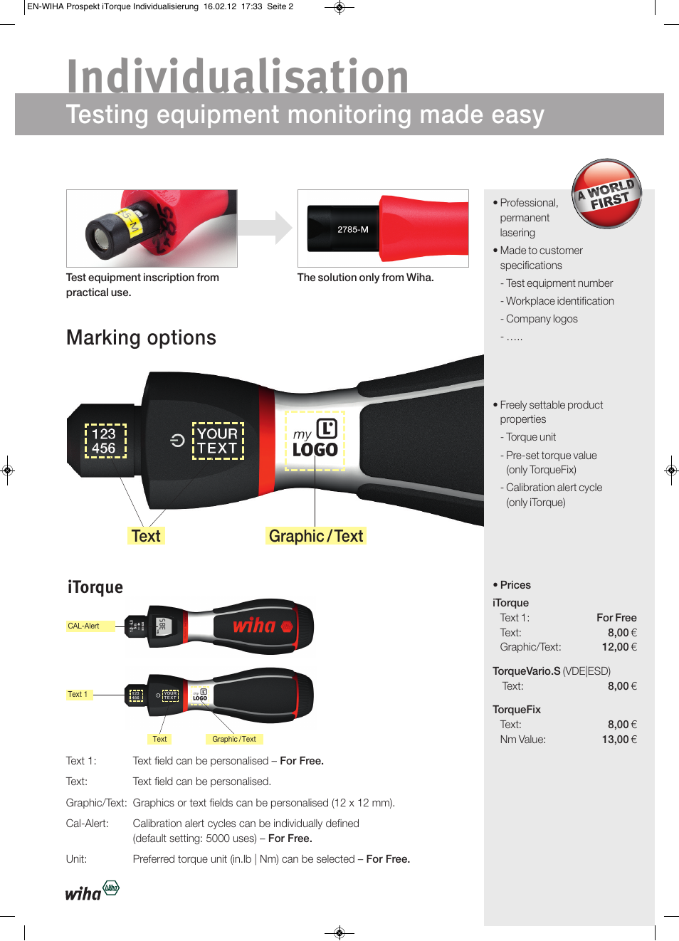 Individualisation, Testing equipment monitoring made easy, Marking options | Itorque, Text graphic / text | Wiha Tools iTorque Individualisation User Manual | Page 2 / 4