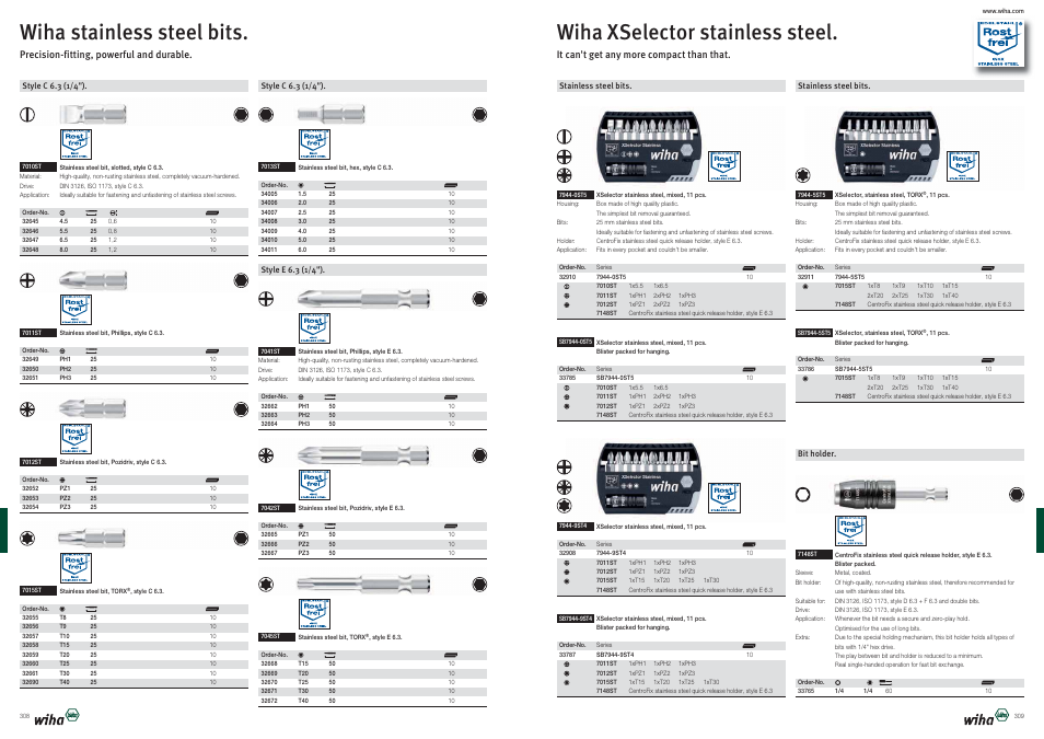 Wiha stainless steel bits, Wiha xselector stainless steel | Wiha Tools Product Catalogue 2012-2014 User Manual | Page 155 / 177