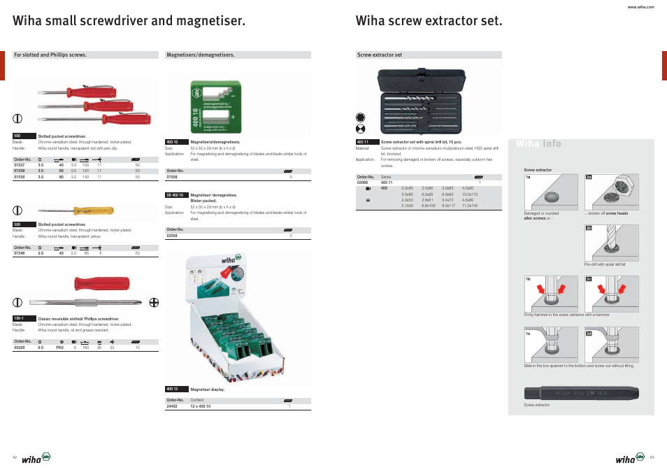 Wiha screw extractor set, Wiha small screwdriver and magnetiser, Wiha info | Wiha Tools Product Catalogue 2012-2014 User Manual | Page 22 / 177