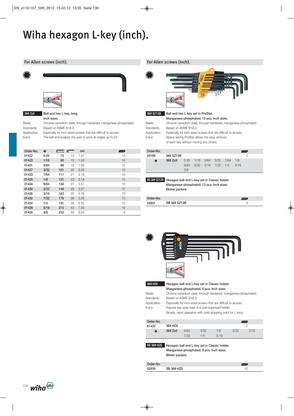 Wiha hexagon l-key (inch), For allen screws (inch) | Wiha Tools L-Keys User Manual | Page 21 / 48