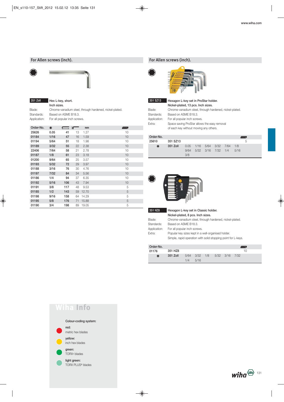 Wiha info, For allen screws (inch) | Wiha Tools L-Keys User Manual | Page 22 / 48