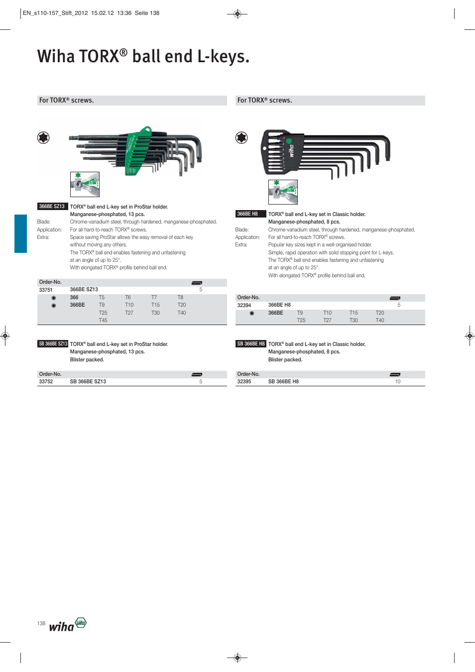 Wiha torx, Ball end l-keys, For torx | Screws | Wiha Tools L-Keys User Manual | Page 29 / 48