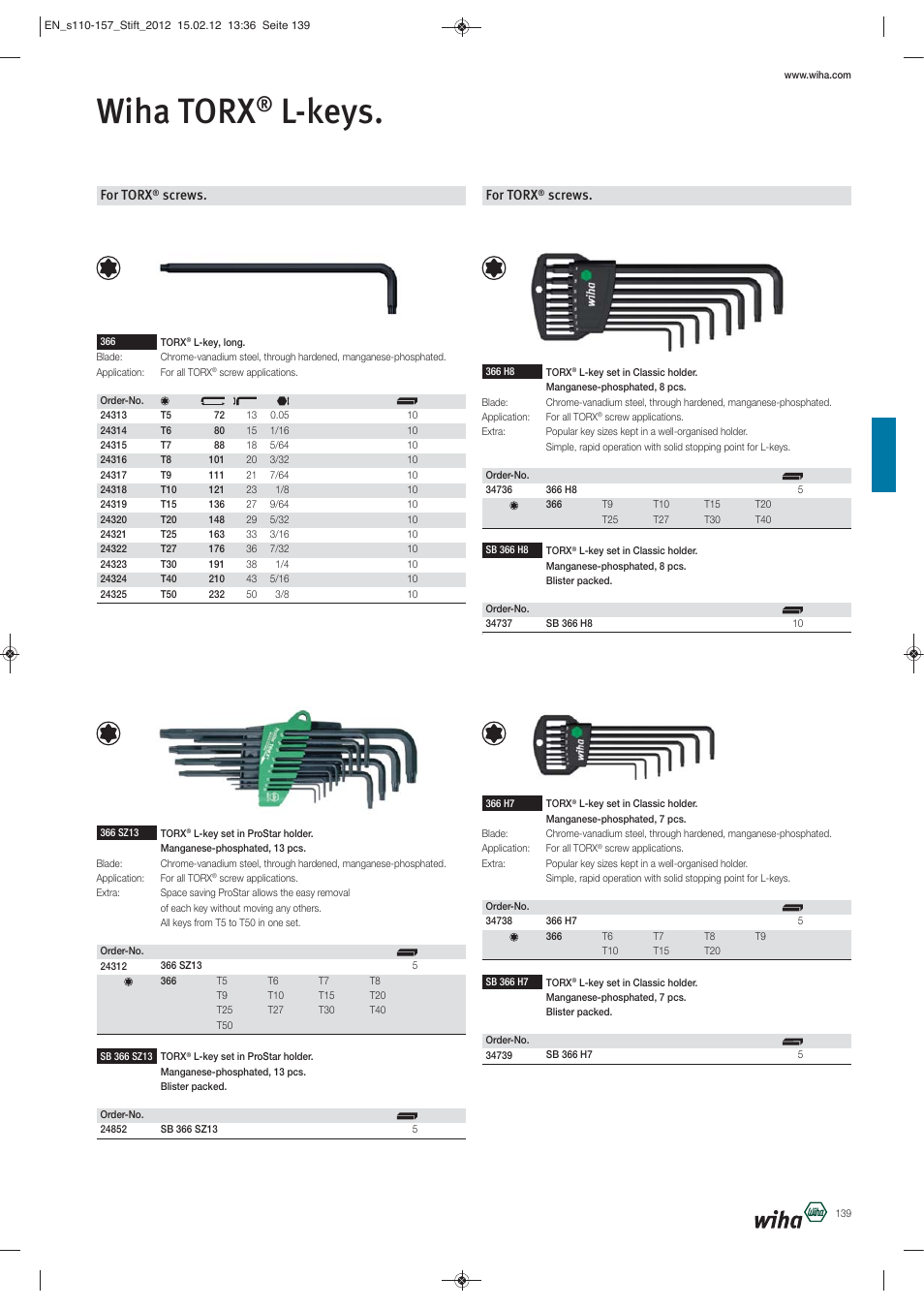 Wiha torx, L-keys, For torx | Screws | Wiha Tools L-Keys User Manual | Page 30 / 48