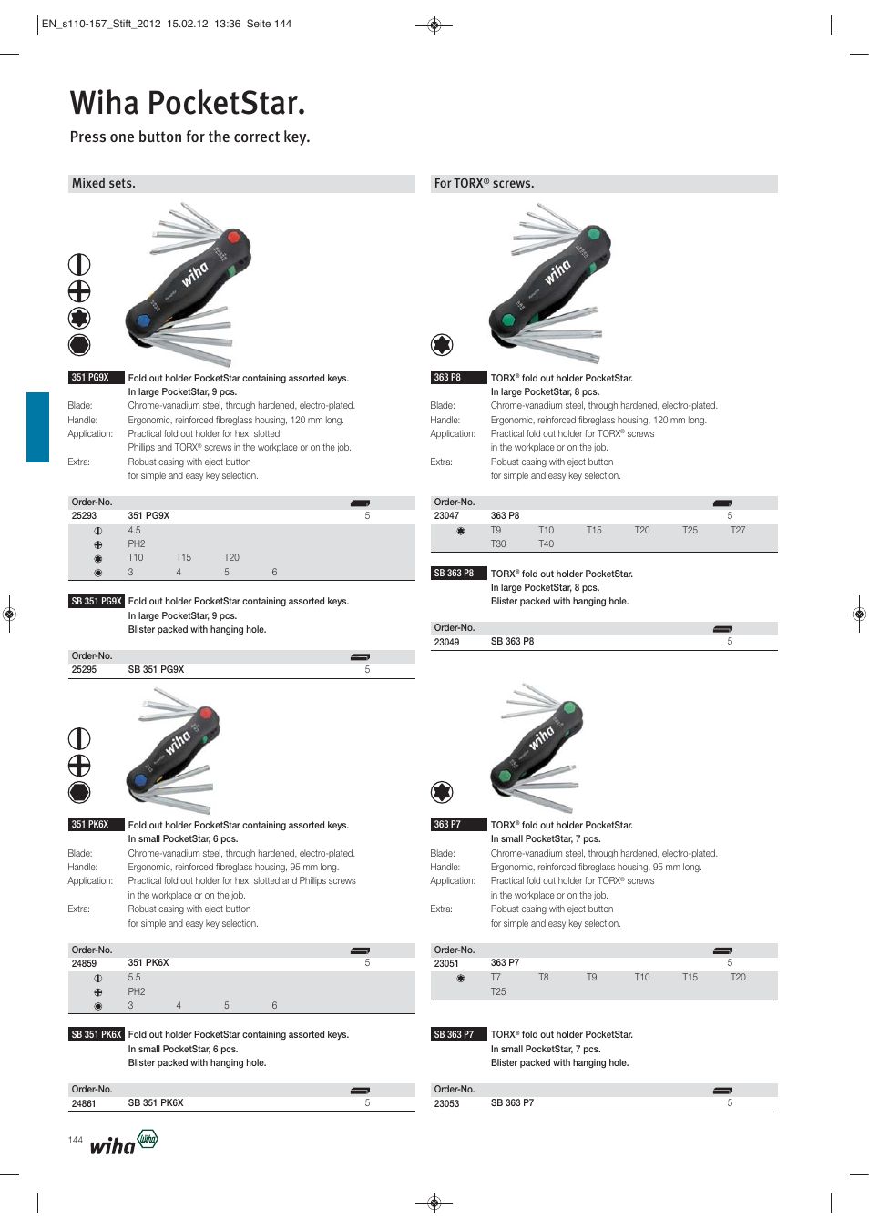 Wiha pocketstar, Press one button for the correct key, For torx | Screws, Mixed sets | Wiha Tools L-Keys User Manual | Page 35 / 48