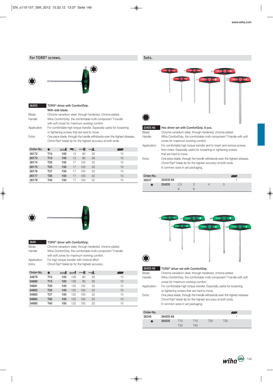 For torx, Screws, Sets | Wiha Tools L-Keys User Manual | Page 40 / 48