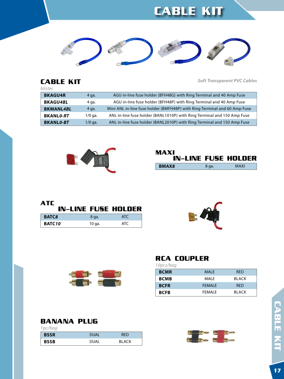 Cable kit, In-line fuse holder, Banana plug | Rca coupler | Xscorpion BULLZAUDIO Catalog User Manual | Page 17 / 20
