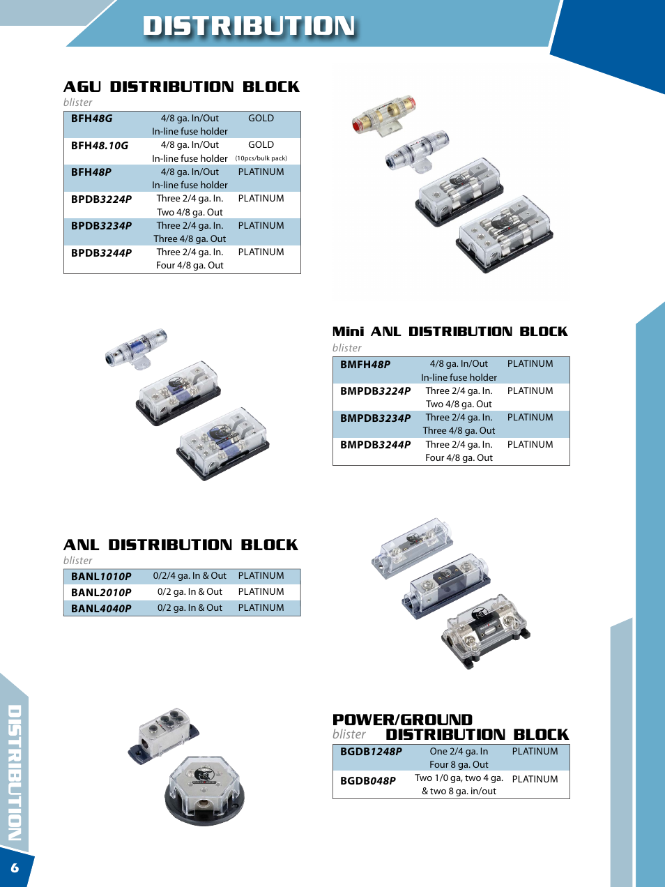 Distribution, Anl distribution block, Agu distribution block | Power/ground, Distribution block | Xscorpion BULLZAUDIO Catalog User Manual | Page 6 / 20