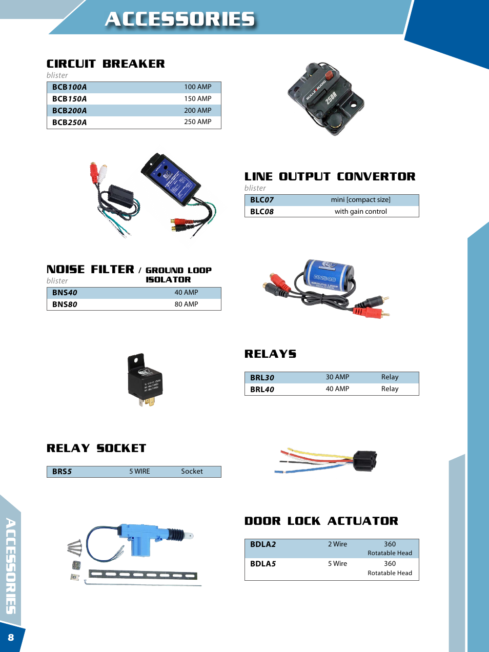 Accessories, Circuit breaker, Noise filter | Door lock actuator, Relays, Relay socket, Line output convertor | Xscorpion BULLZAUDIO Catalog User Manual | Page 8 / 20