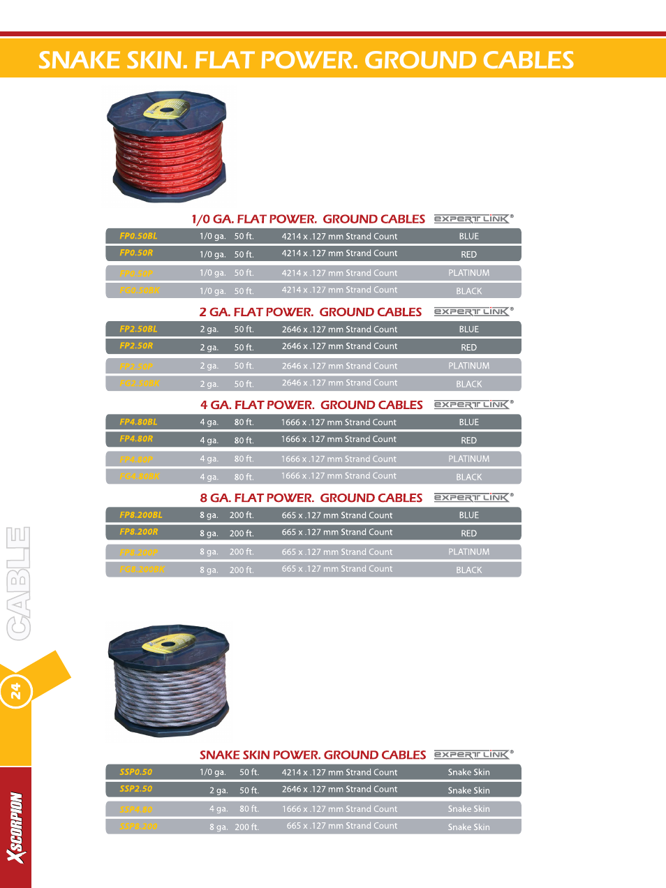 Snake skin. flat power. ground cables | Xscorpion Accessory Catalog User Manual | Page 24 / 68
