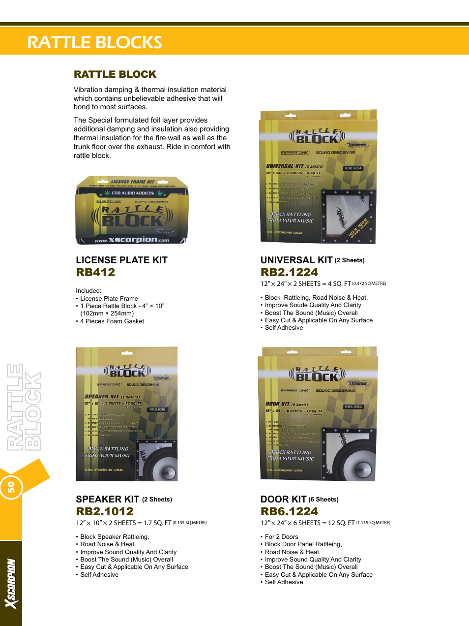 Rattle blocks, Rb412, Rattle block | License plate kit, Speaker kit, Universal kit, Door kit | Xscorpion Accessory Catalog User Manual | Page 50 / 68