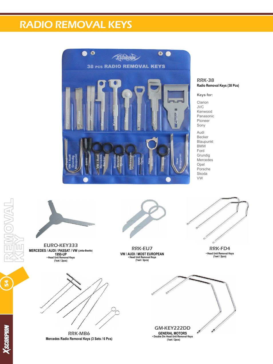 Radio removal keys, Euro-key333, Rrk-fd4 | Rrk-eu7, Gm-key222dd, Rrk-38, Rrk-mb6 | Xscorpion Accessory Catalog User Manual | Page 54 / 68