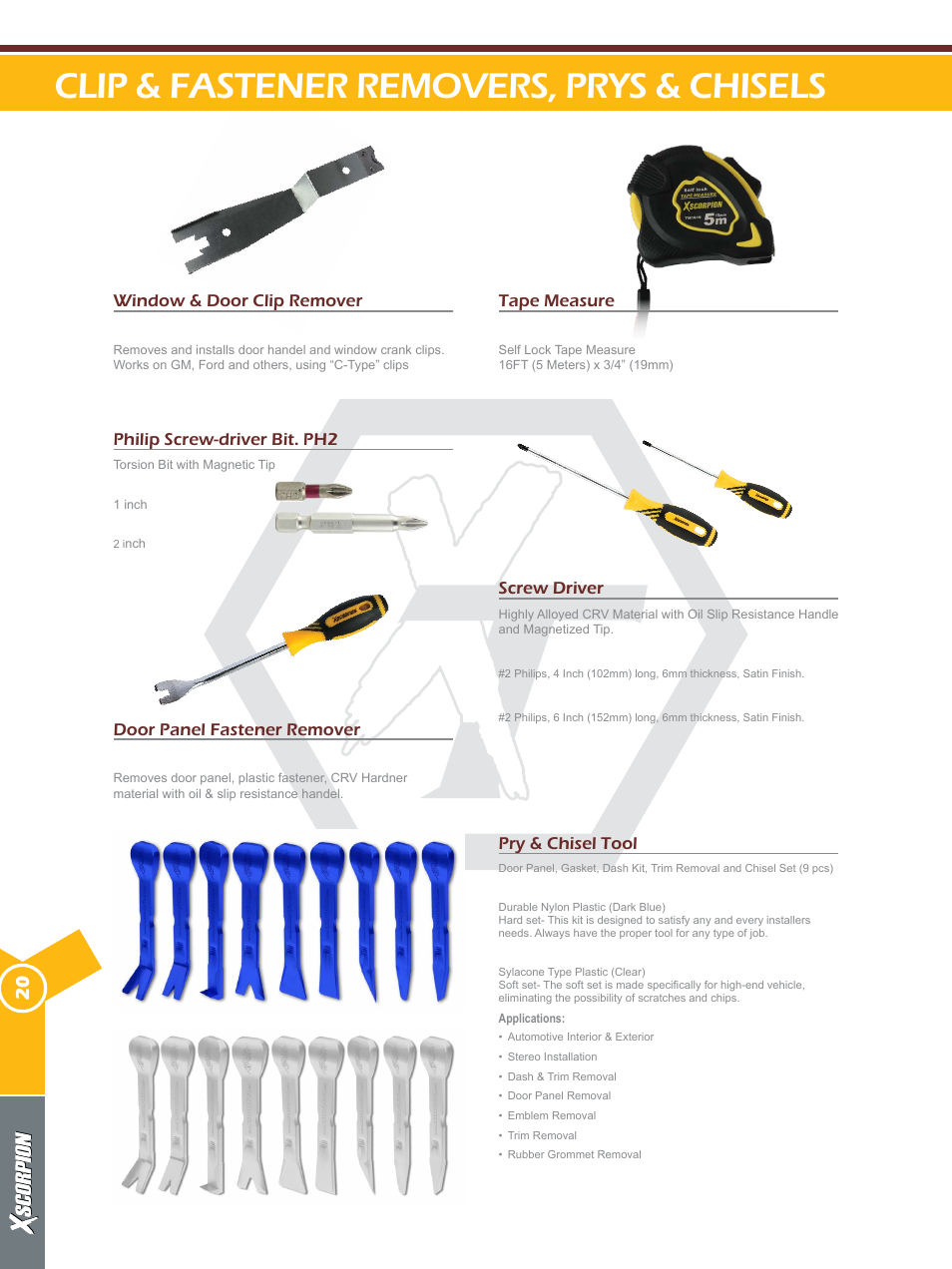 Clip & fastener removers, prys & chisels | Xscorpion Tools Catalog User Manual | Page 20 / 24