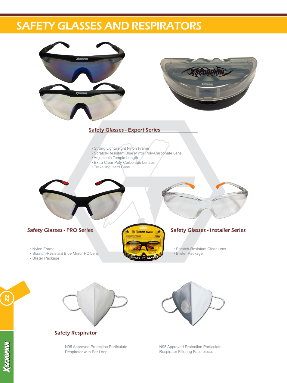 Safety glasses and respirators | Xscorpion Tools Catalog User Manual | Page 22 / 24