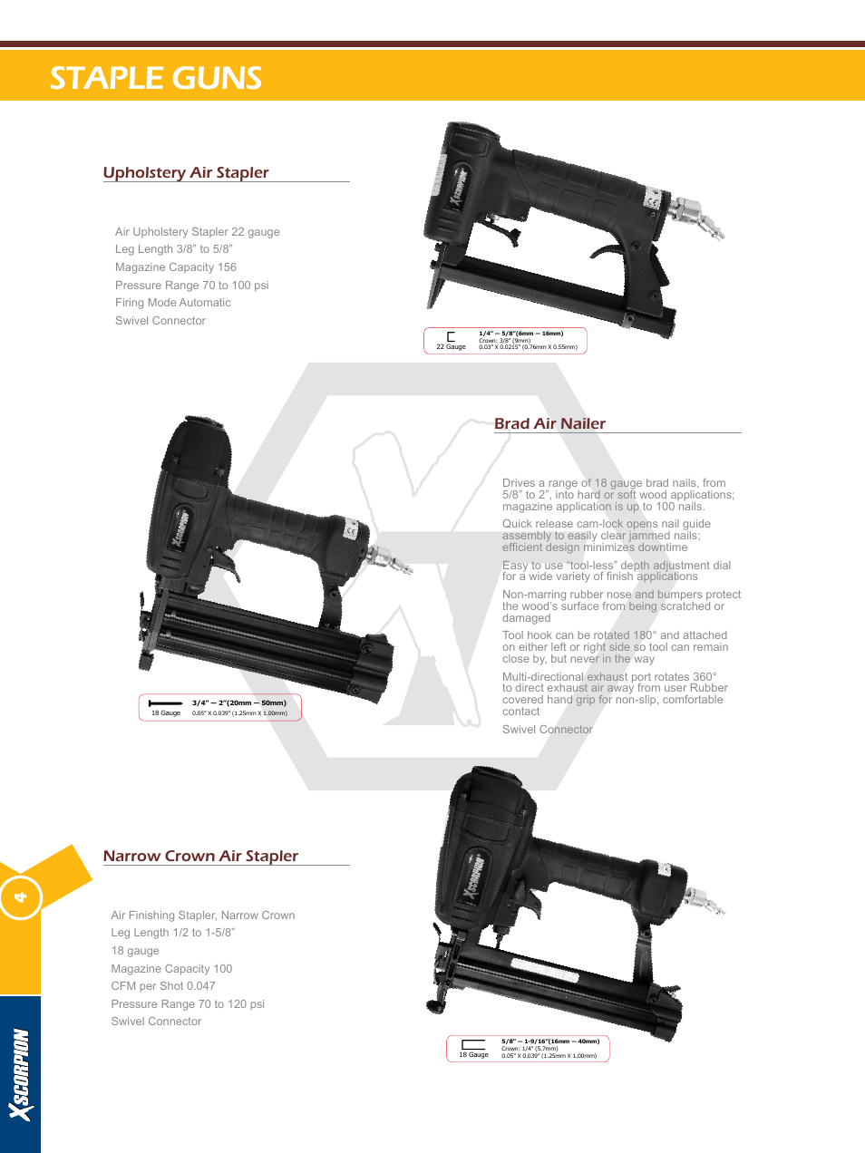 Staple guns, Upholstery air stapler us-2258, Brad air nailer bn-182 | Narrow crown air stapler ncs-158 | Xscorpion Tools Catalog User Manual | Page 4 / 24
