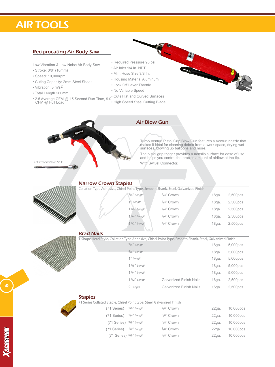 Air tools, Air blow gun tabg-2, Brad nails | Staples, Narrow crown staples, Reciprocating air body saw lvbs-1, Xsnc1834, Xsbn1834, Xsbn1858, Xs-7118 | Xscorpion Tools Catalog User Manual | Page 6 / 24