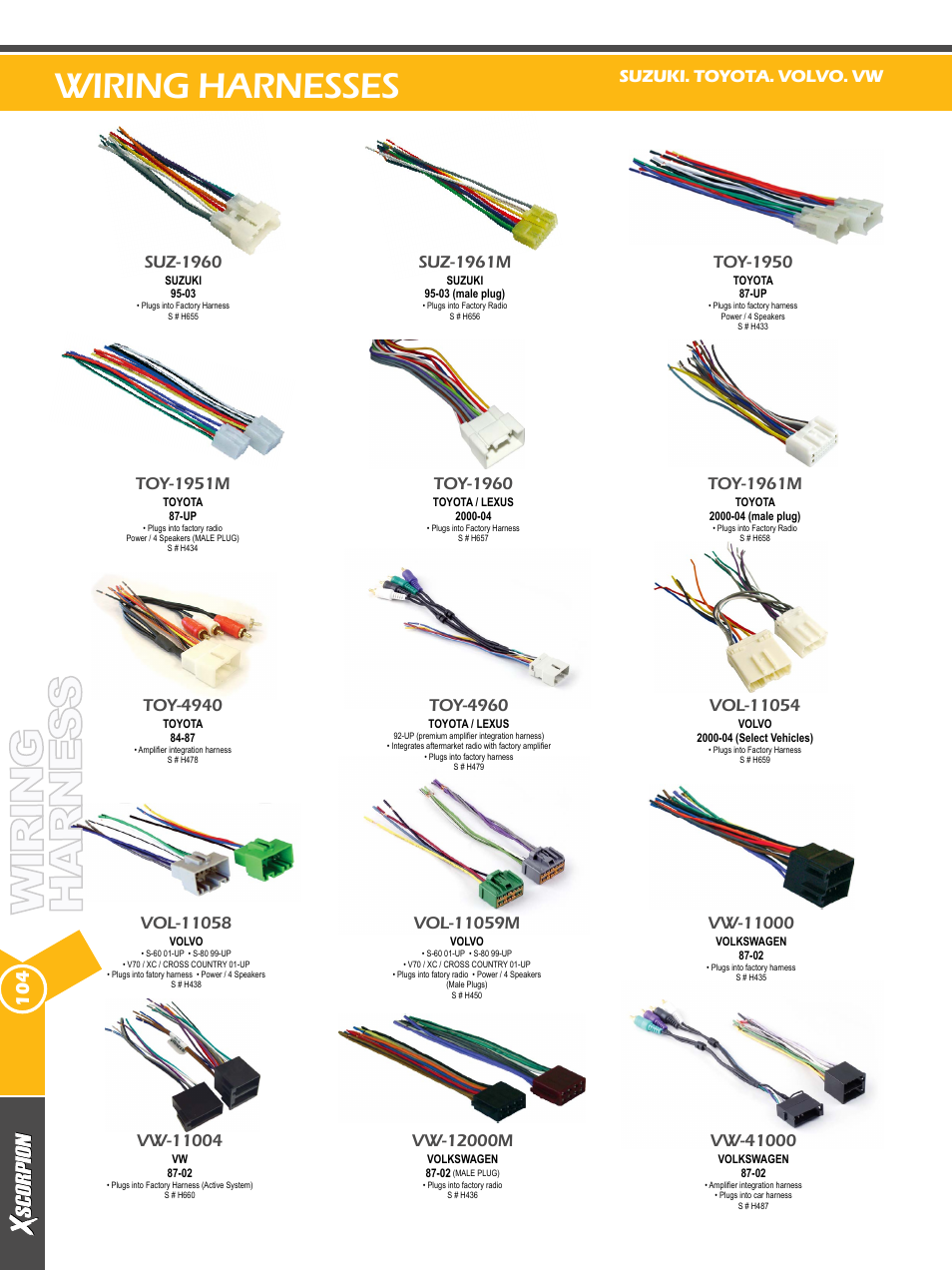 Wiring harnesses, Toy-1960, Suz-1960 | Suz-1961m, Toy-1961m, Toy-1950, Toy-1951m, Toy-4940, Toy-4960, Suzuki. toyota. volvo. vw | Xscorpion Dash kit, Harness and Antenna Catalog User Manual | Page 104 / 116
