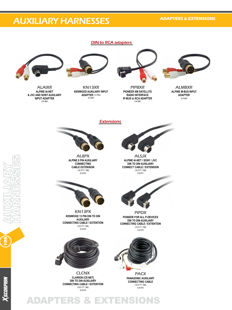 Auxiliary harnesses, Al8px, Alsjx | Kn13px, Pipdx, Clcnx, Pacx, Pipbxr, Almbxr, Alaixr | Xscorpion Dash kit, Harness and Antenna Catalog User Manual | Page 108 / 116