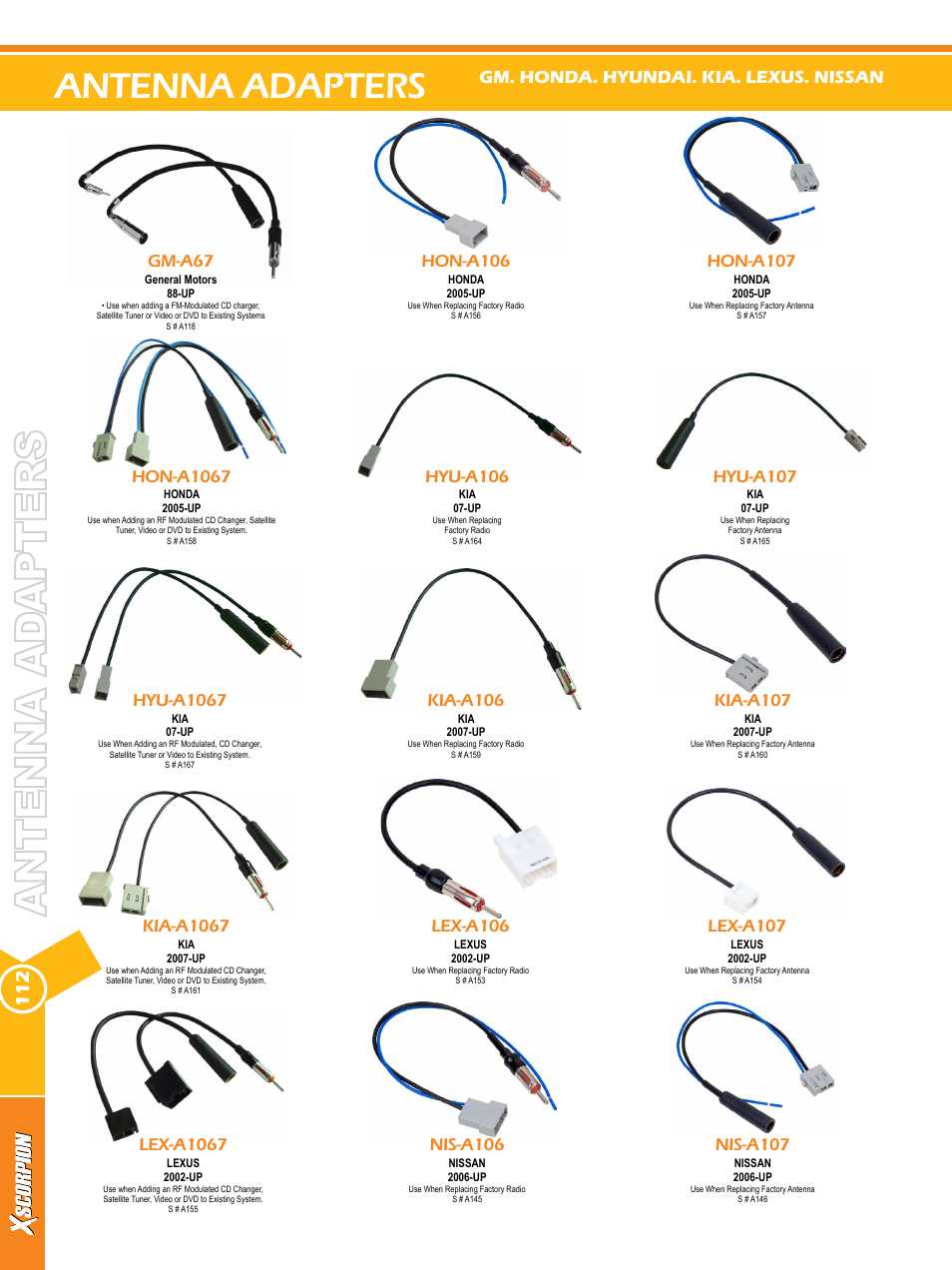 Antenna adapters, Gm-a67, Hyu-a1067 | Hon-a106, Hon-a107, Kia-a106, Kia-a1067, Lex-a107, Hyu-a107, Hyu-a106 | Xscorpion Dash kit, Harness and Antenna Catalog User Manual | Page 110 / 116