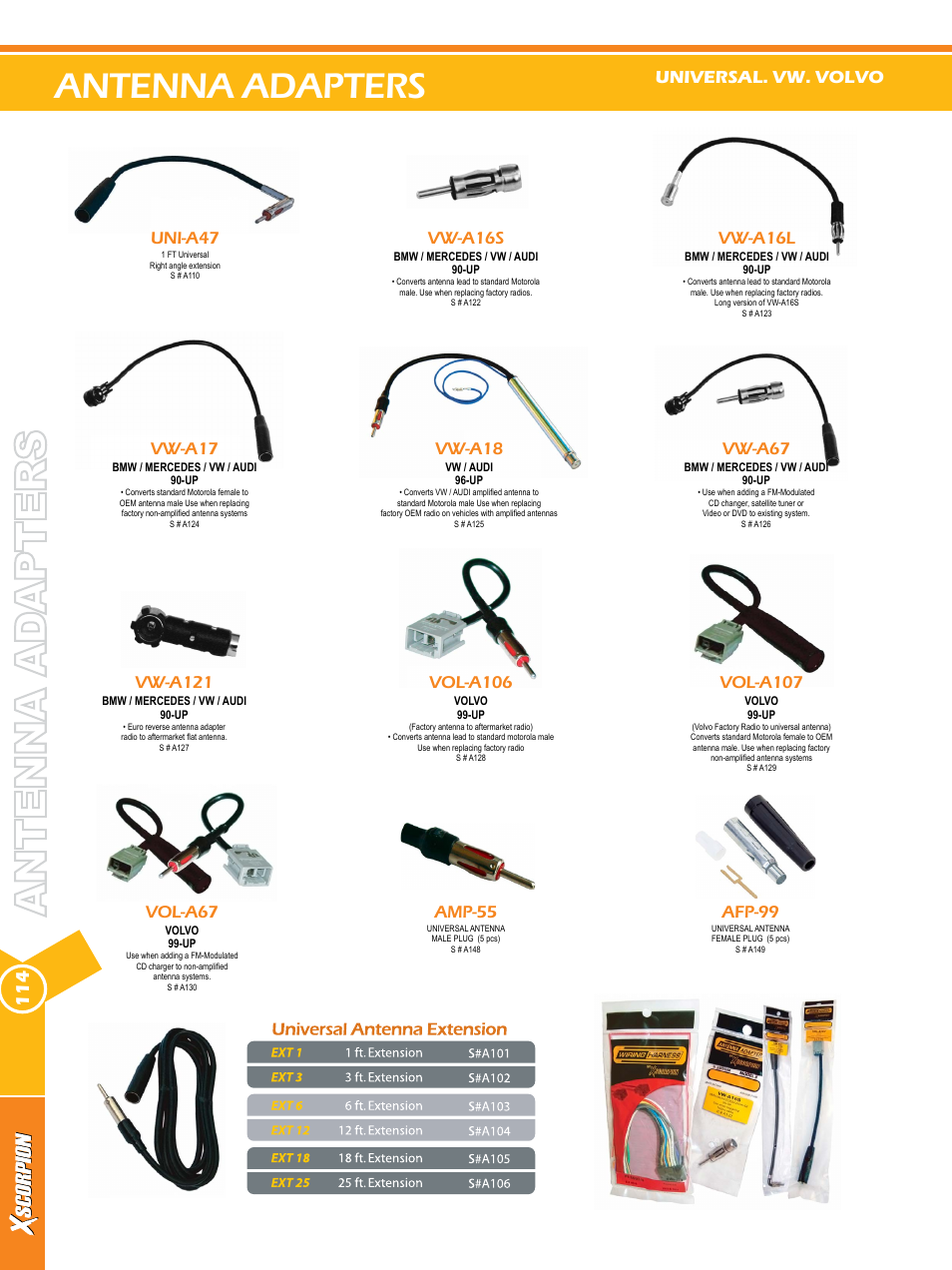 Antenna adapters, Uni-a47, Vw-a16s | Vw-a16l, Vw-a17, Vw-a18, Vw-a67, Vw-a121, Vol-a106, Vol-a107 | Xscorpion Dash kit, Harness and Antenna Catalog User Manual | Page 112 / 116