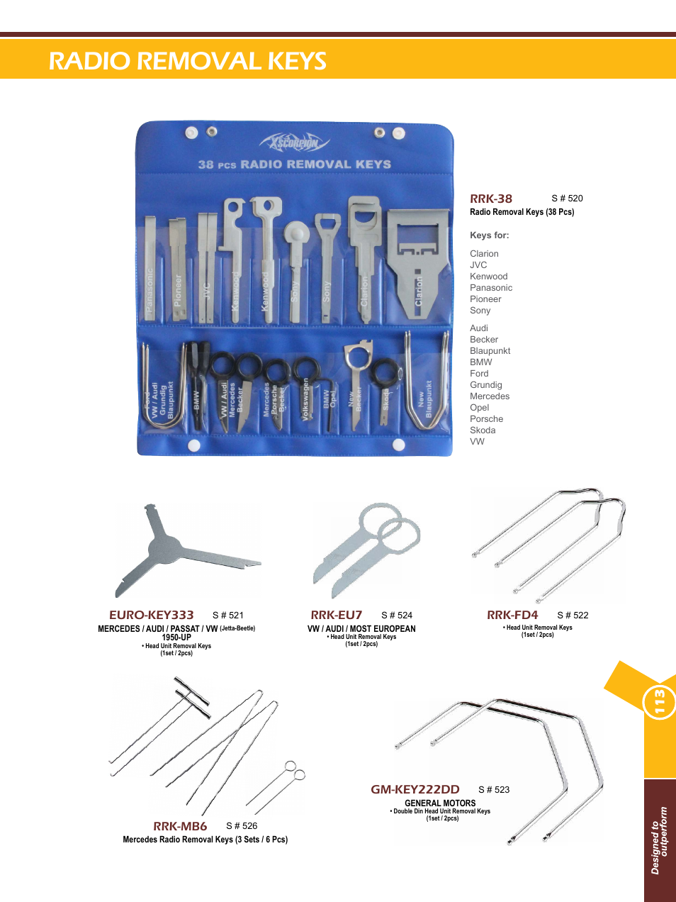 Radio removal keys, Euro-key333, Rrk-fd4 | Rrk-eu7, Gm-key222dd, Rrk-38, Rrk-mb6 | Xscorpion Dash kit, Harness and Antenna Catalog User Manual | Page 113 / 116