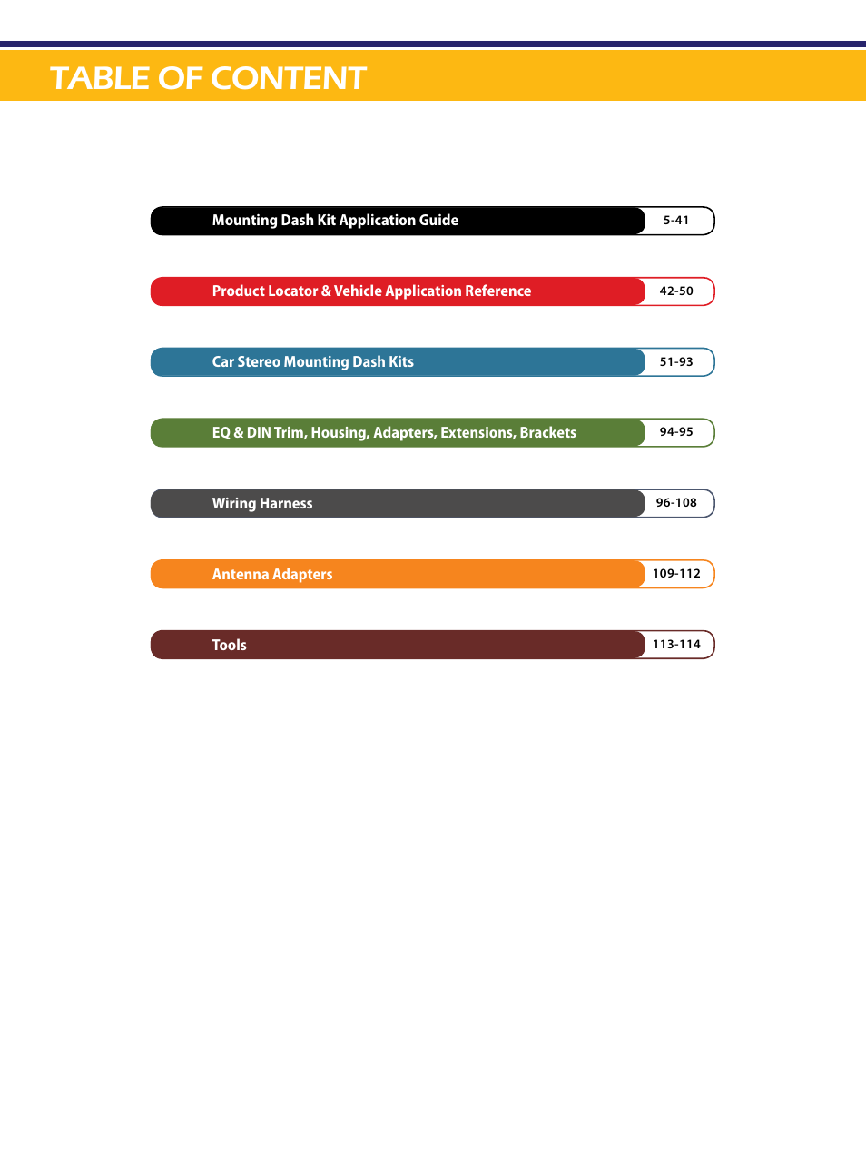 Table of content | Xscorpion Dash kit, Harness and Antenna Catalog User Manual | Page 4 / 116