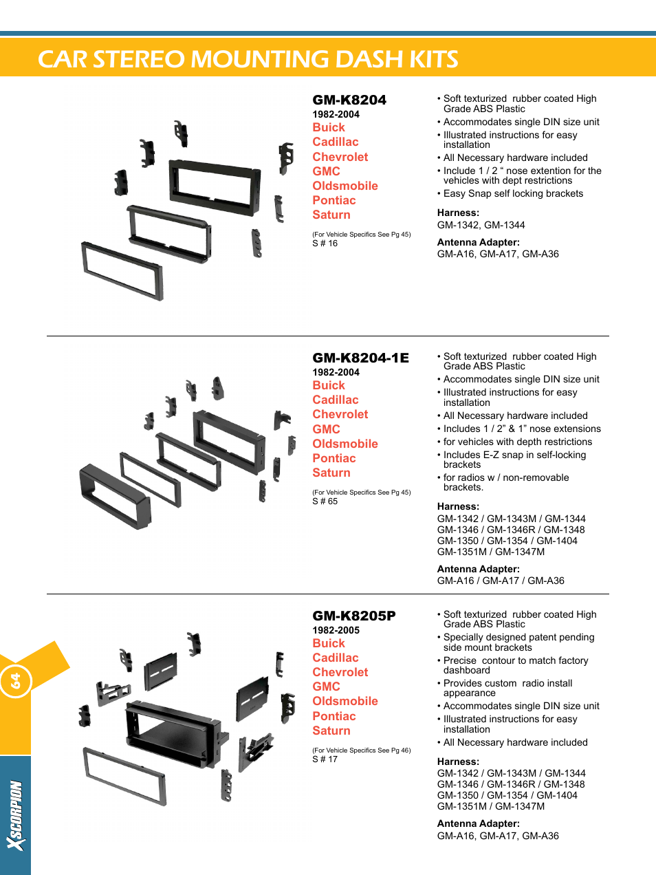 Car stereo mounting dash kits, Gm-k8204, Gm-k8205p | Xscorpion Dash kit, Harness and Antenna Catalog User Manual | Page 64 / 116