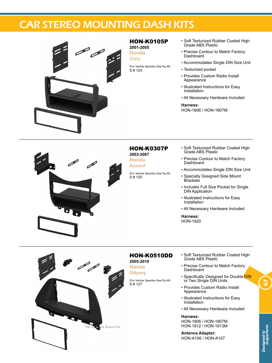 Car stereo mounting dash kits, Hon-k0105p, Hon-k0307p | Hon-k0510dd | Xscorpion Dash kit, Harness and Antenna Catalog User Manual | Page 67 / 116