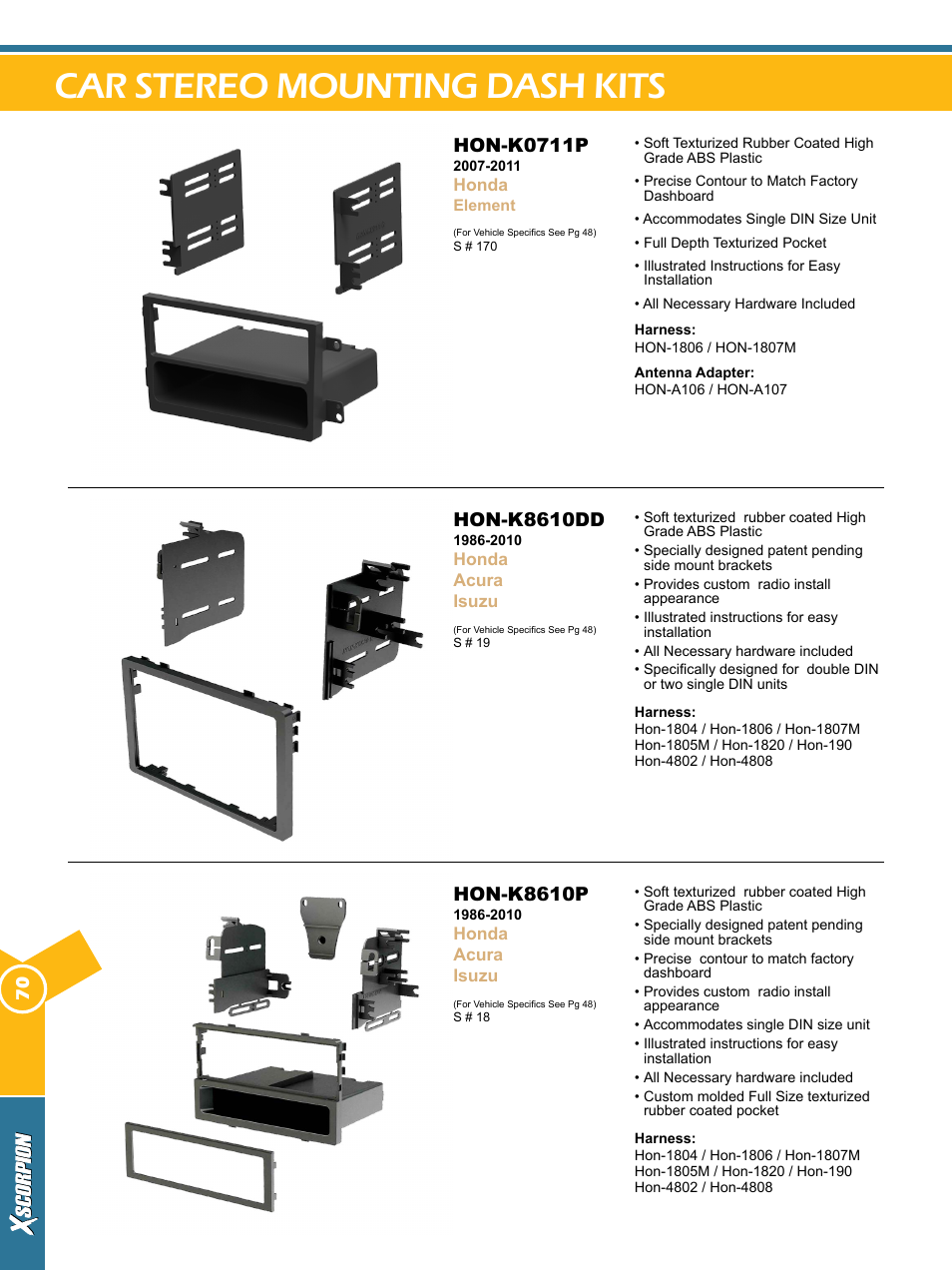 Car stereo mounting dash kits, Hon-k0711p, Hon-k8610dd | Hon-k8610p | Xscorpion Dash kit, Harness and Antenna Catalog User Manual | Page 70 / 116