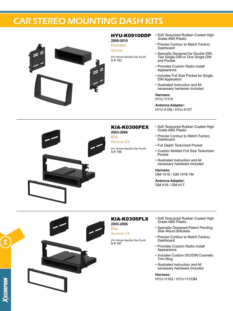 Car stereo mounting dash kits, Hyu-k0910ddp, Kia-k0306pex | Kia-k0306plx | Xscorpion Dash kit, Harness and Antenna Catalog User Manual | Page 74 / 116