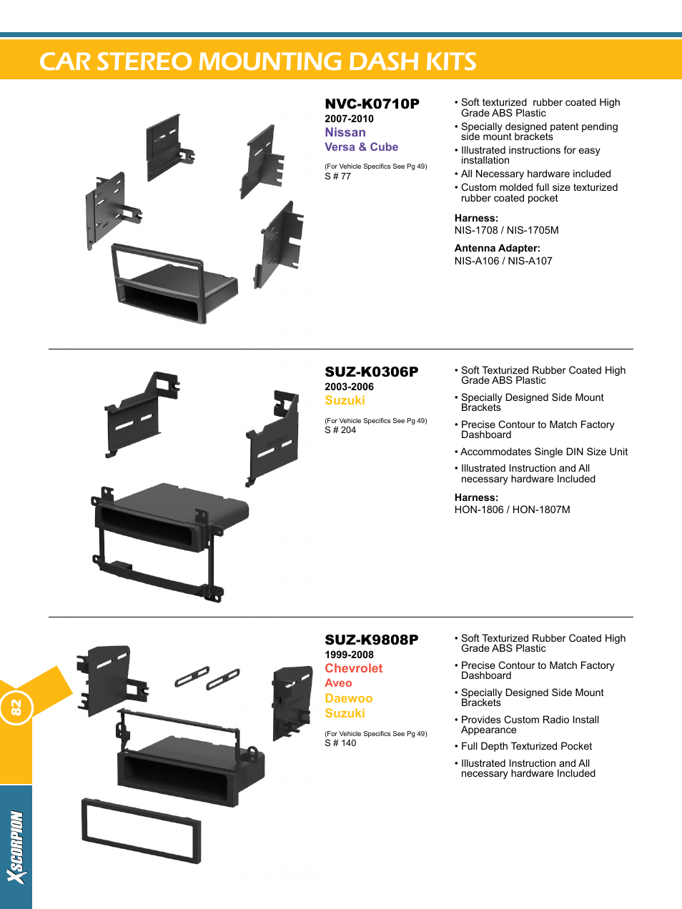 Car stereo mounting dash kits, Nvc-k0710p, Suz-k0306p | Suz-k9808p | Xscorpion Dash kit, Harness and Antenna Catalog User Manual | Page 82 / 116