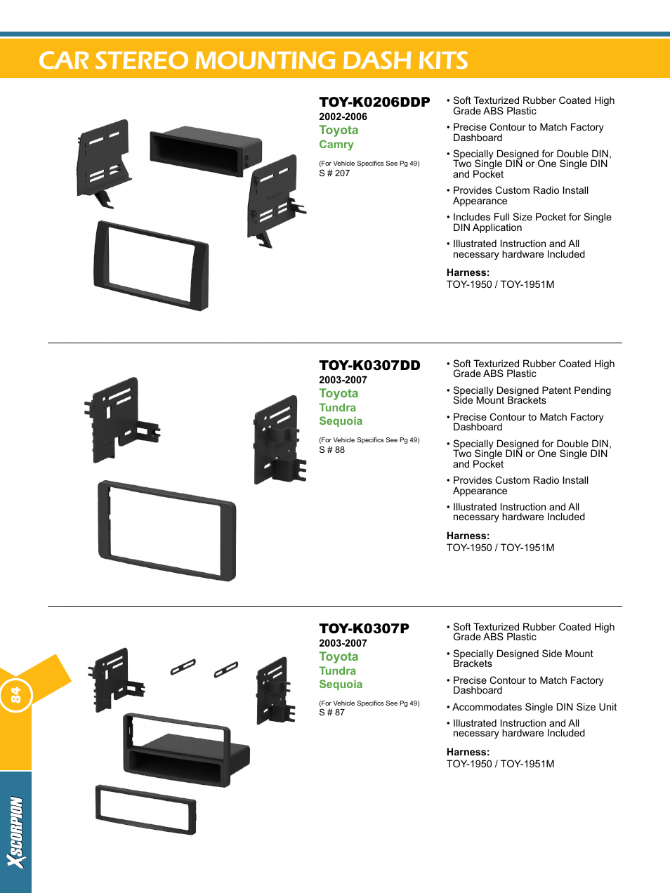 Car stereo mounting dash kits, Toy-k0206ddp, Toy-k0307dd | Toy-k0307p | Xscorpion Dash kit, Harness and Antenna Catalog User Manual | Page 84 / 116