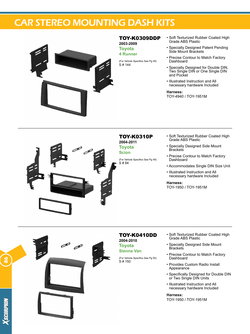 Car stereo mounting dash kits, Toy-k0309ddp, Toy-k0310p | Toy-k0410dd | Xscorpion Dash kit, Harness and Antenna Catalog User Manual | Page 86 / 116