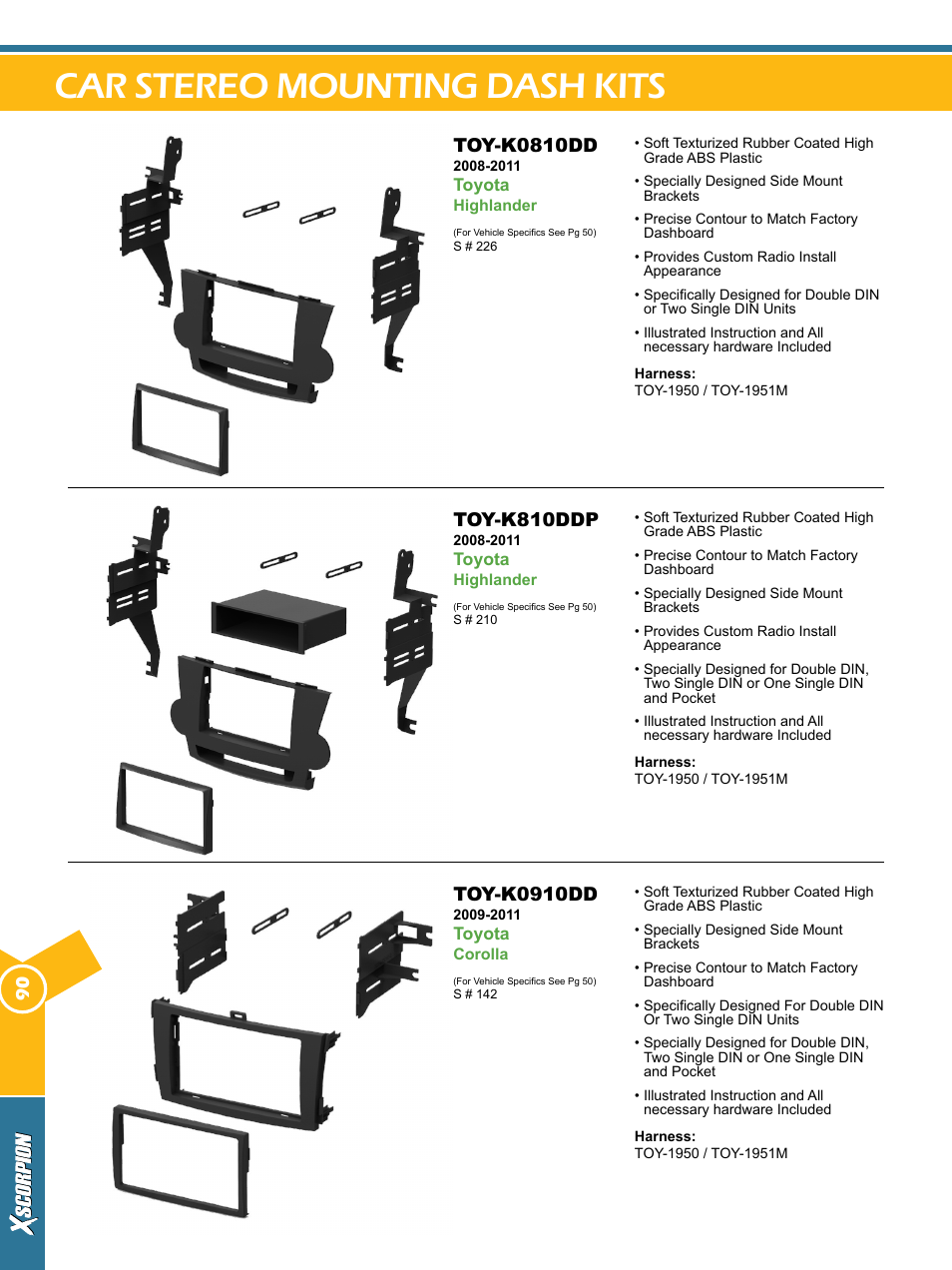 Car stereo mounting dash kits, Toy-k0810dd, Toy-k810ddp | Toy-k0910dd | Xscorpion Dash kit, Harness and Antenna Catalog User Manual | Page 90 / 116