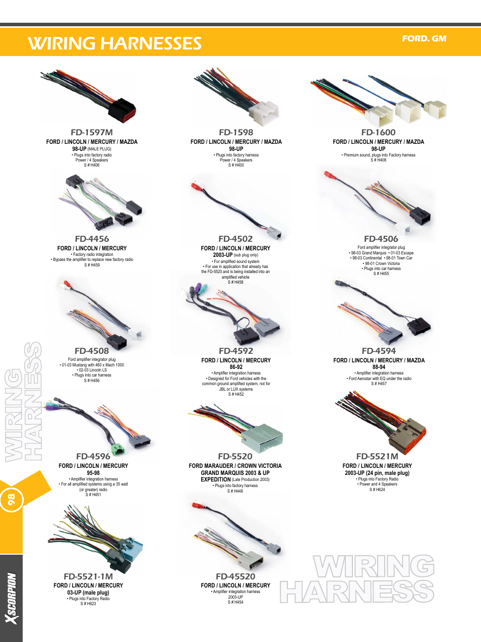 Wiring harnesses, Fd-4596, Fd-4592 | Fd-4506, Fd-4508, Fd-4594, Fd-4502, Fd-1597m, Fd-1598, Fd-1600 | Xscorpion Dash kit, Harness and Antenna Catalog User Manual | Page 98 / 116
