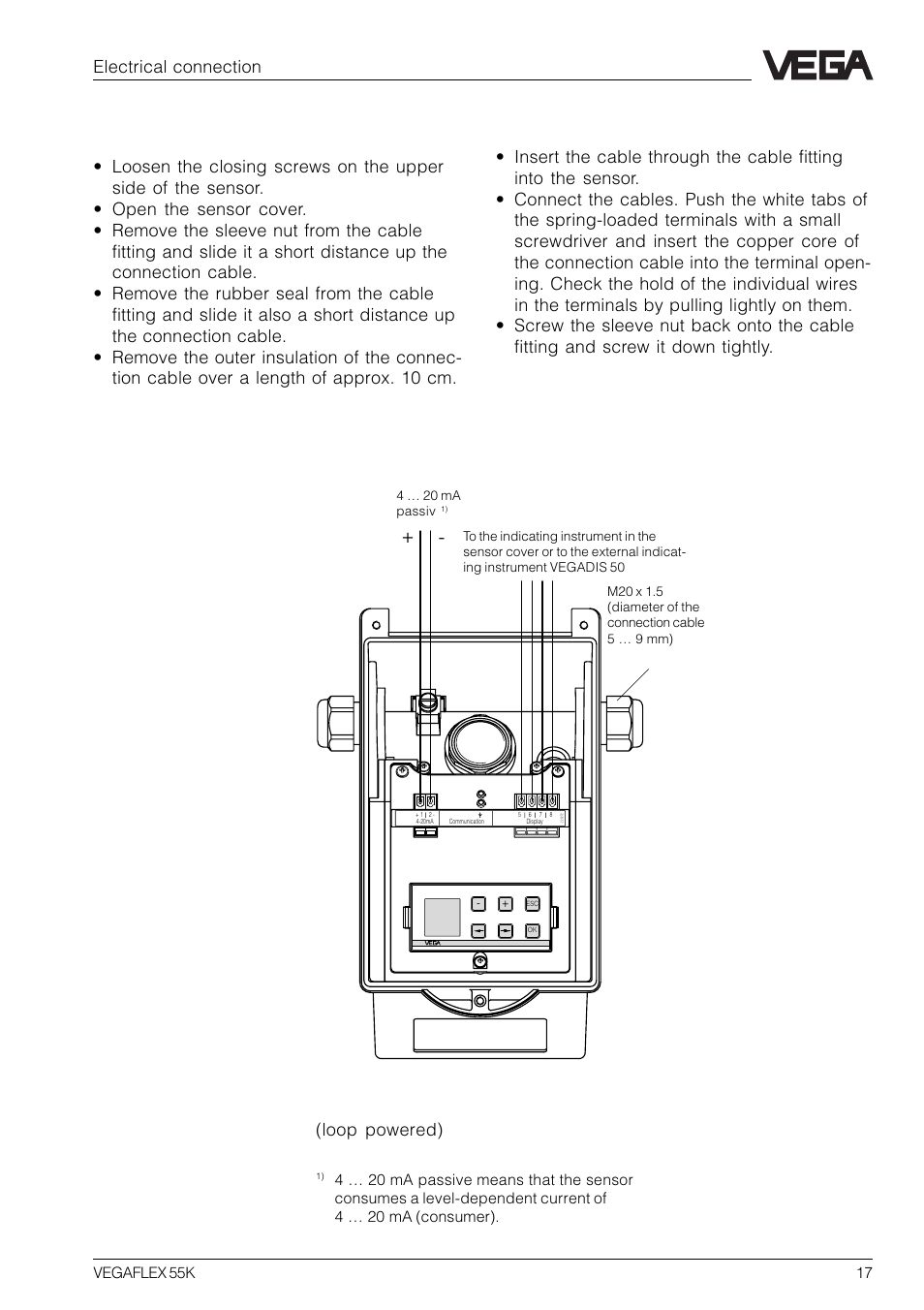 2 connection of the sensor, Electrical connection | VEGA VEGAFLEX 55K User Manual | Page 17 / 32