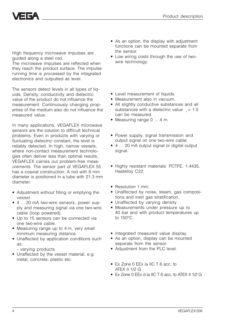1 product description, 1 function, 2 application features | VEGA VEGAFLEX 55K User Manual | Page 4 / 32