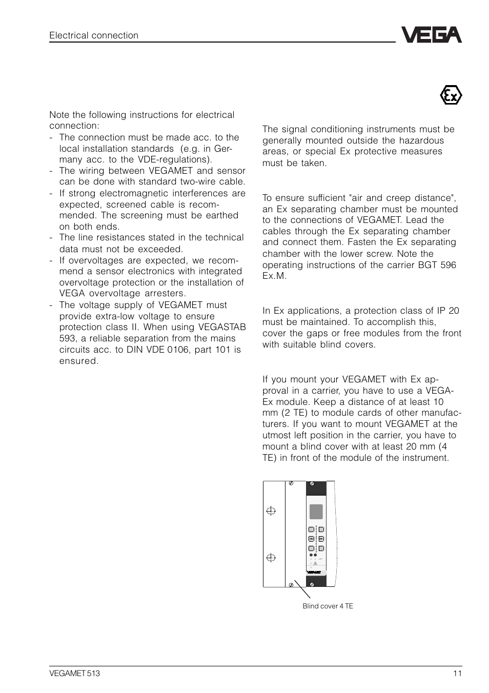 3 electrical connection, 1 connection instructions, Ex separating chamber | Protection in ex applications, Mounting in carriers | VEGA VEGAMET 513 User Manual | Page 11 / 52