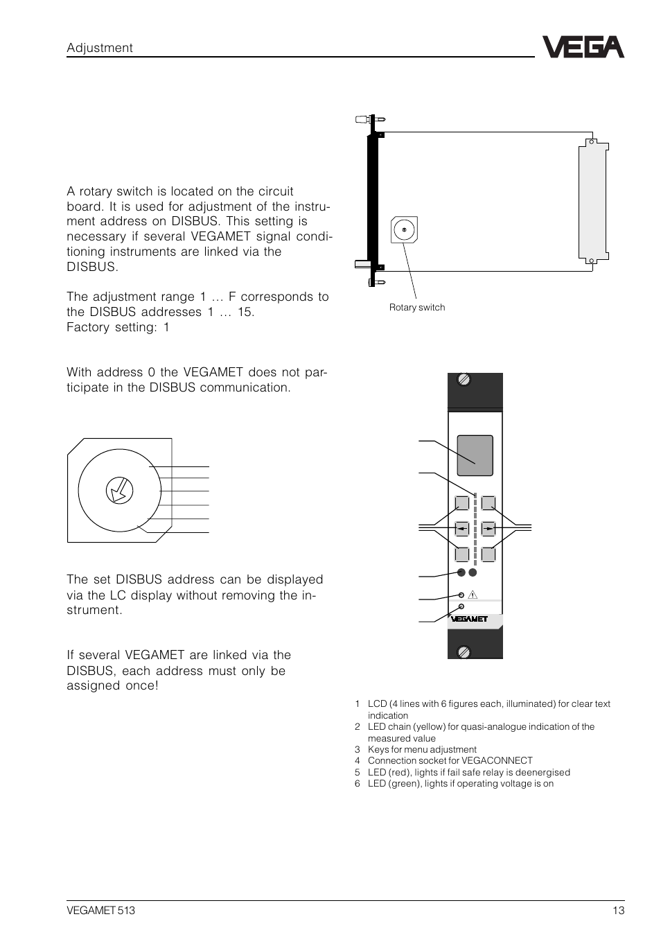 4 adjustment, 1 indicating and adjustment elements, 1 indicating and adjustment ele- ments | Circuit board, Front plate | VEGA VEGAMET 513 User Manual | Page 13 / 52