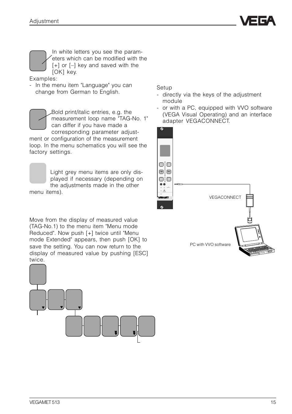 3 adjustment via pc, Format examples of the menu schematic, Change of the menu mode | Adjustment | VEGA VEGAMET 513 User Manual | Page 15 / 52