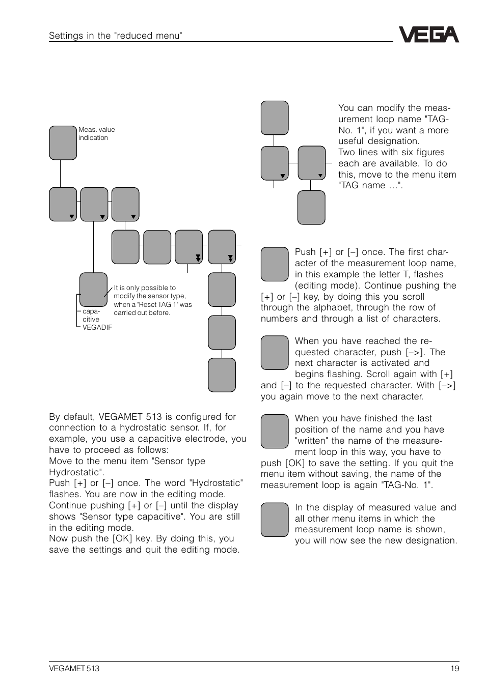 6 settings in the "reduced menu, 1 configuration of measurement loop | VEGA VEGAMET 513 User Manual | Page 19 / 52