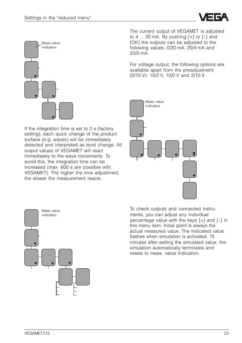 5 integration time, 6 outputs, 7 simulation | Settings in the "reduced menu | VEGA VEGAMET 513 User Manual | Page 23 / 52